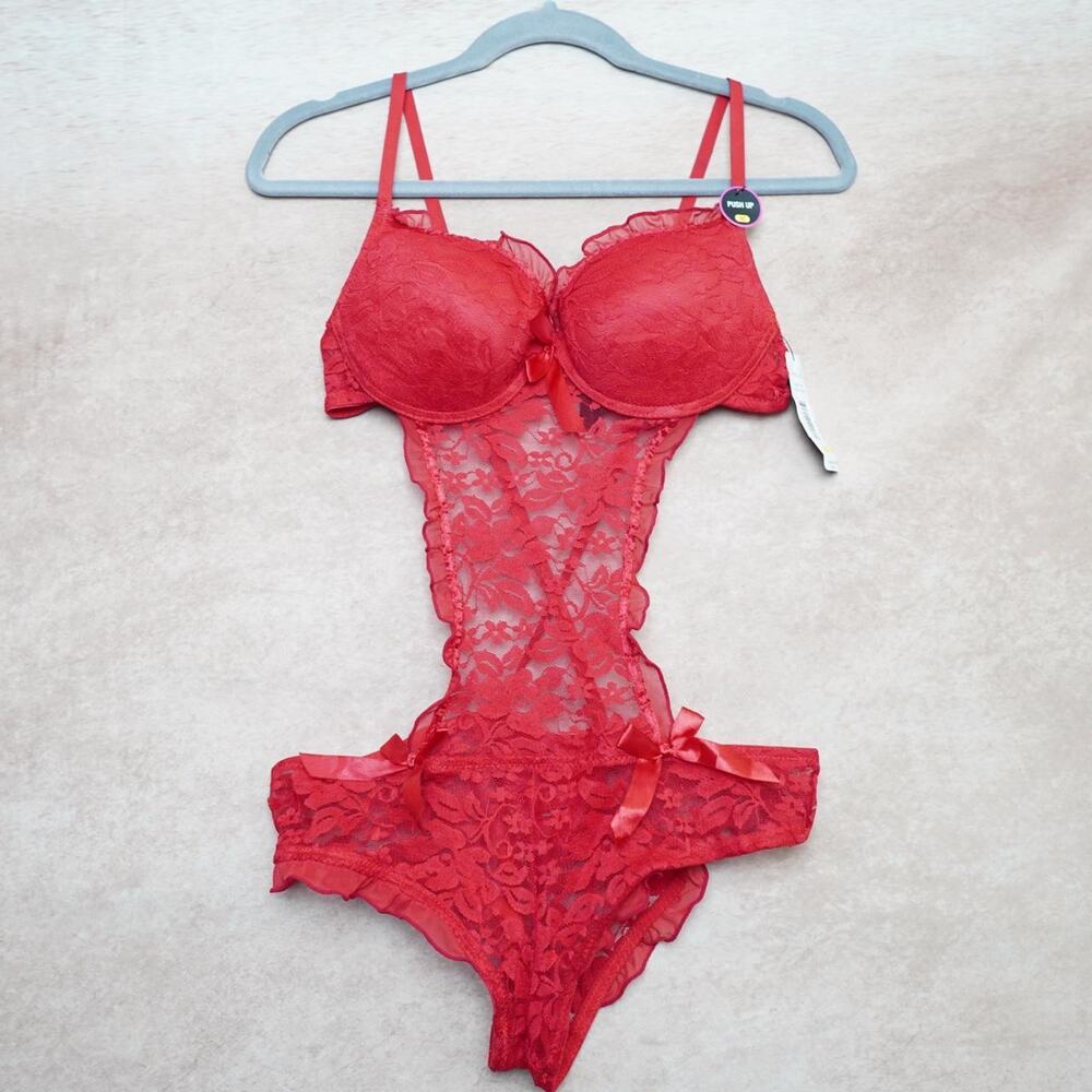 Rene Rofe Red Lace Push Up Teddy Bodysuit Medium